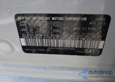 2019 Mitsubishi Outlander Es from USA, damaged, VIN JA4AZ3A30KZ047509